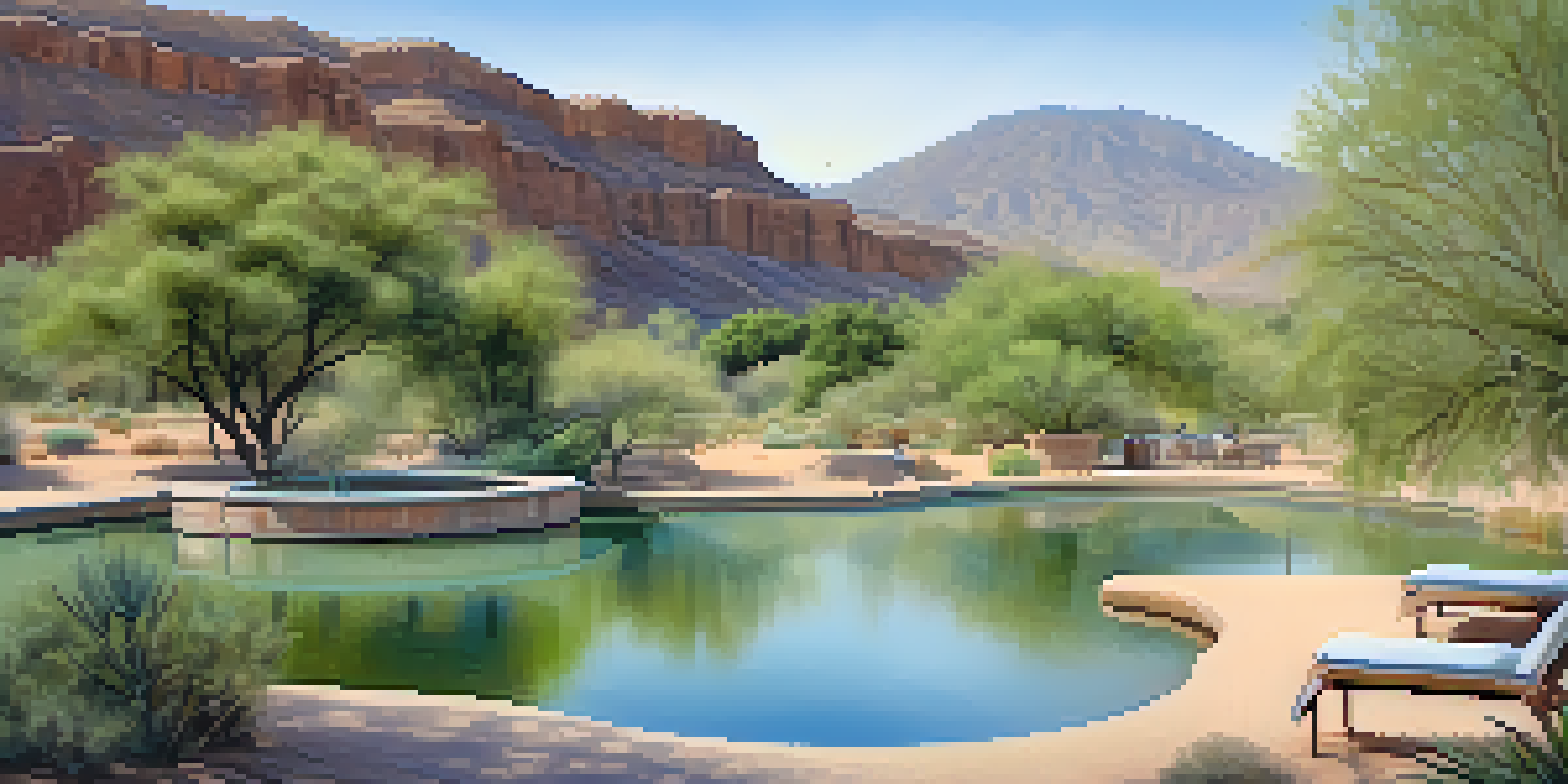 A serene hot spring surrounded by green plants and desert scenery, with birds perched on branches and a soft morning sky.