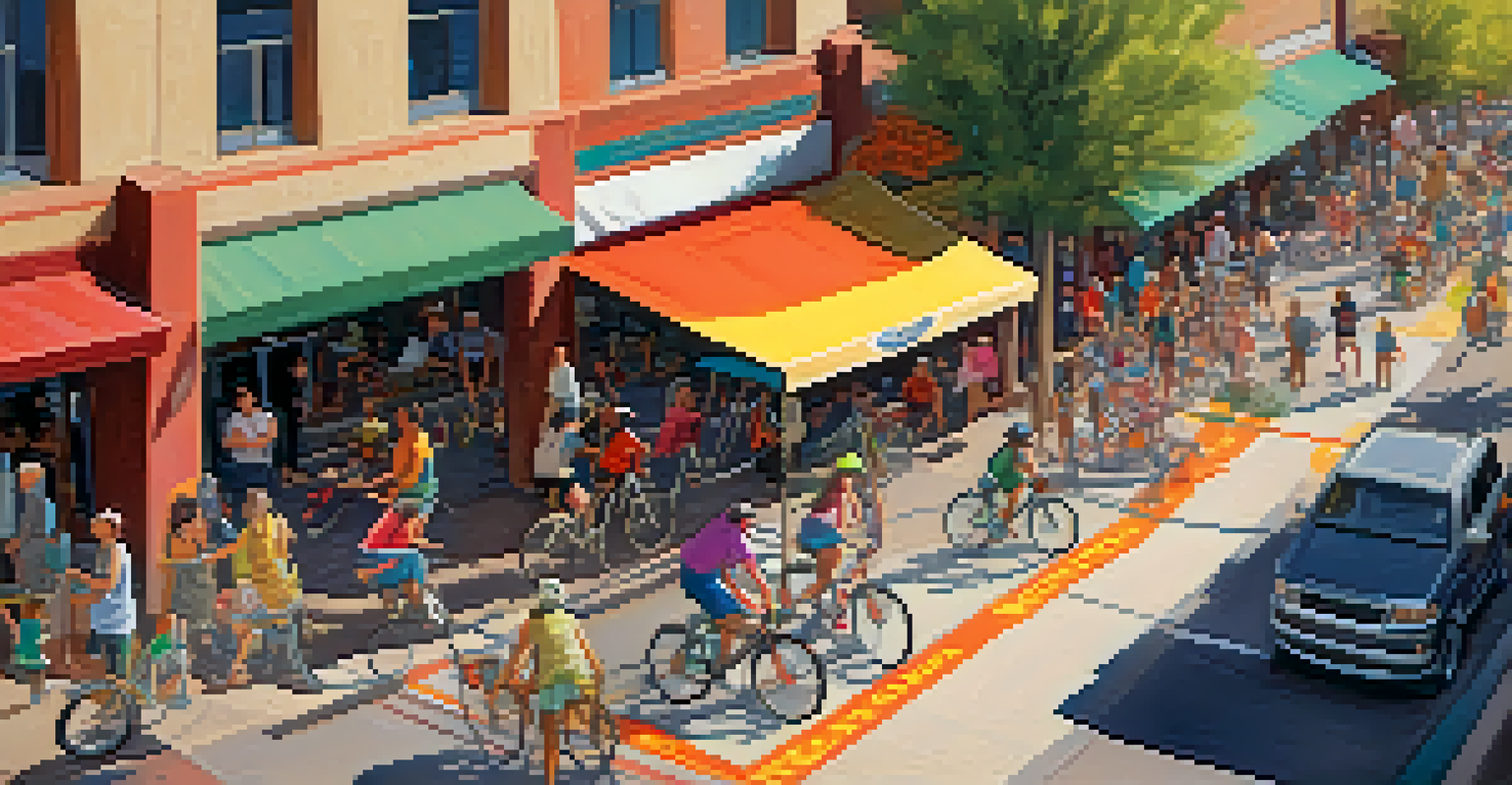 An overhead view of a busy Tucson street during the Cyclovia event, filled with people riding bikes and local business booths.