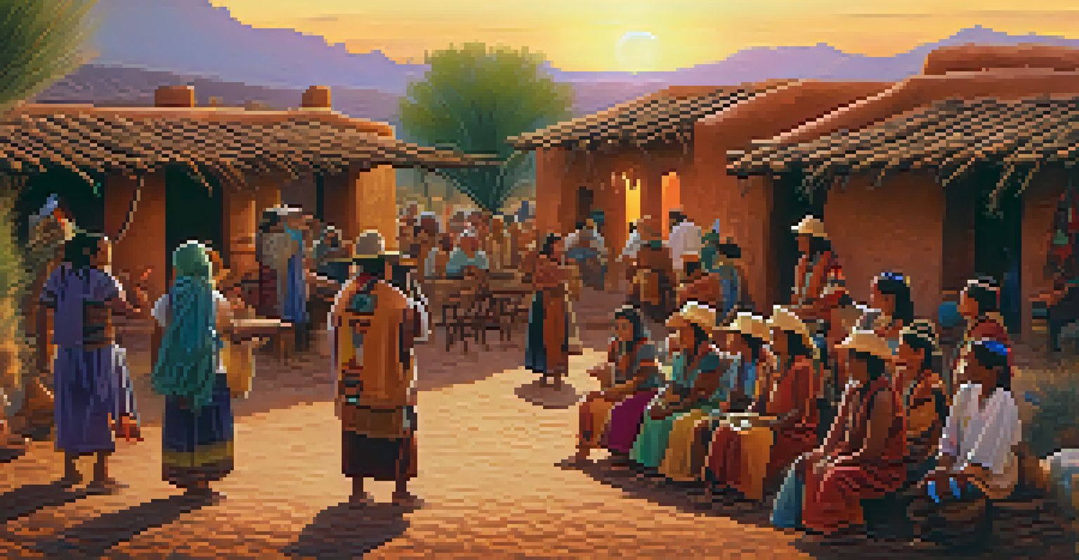 Community gathering in a Hohokam village celebrating rain, with traditional structures and vibrant decorations.