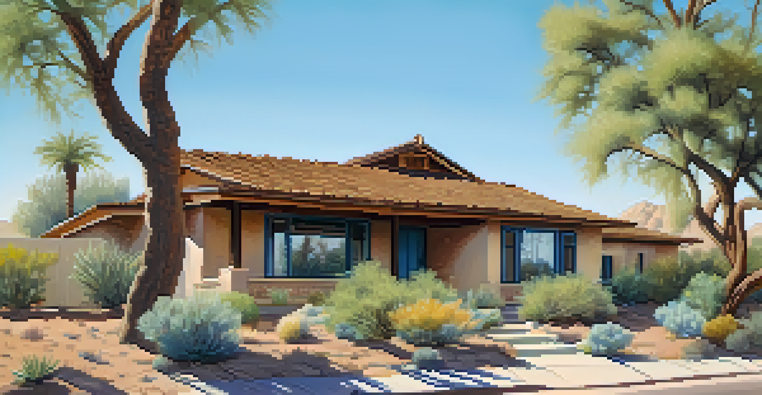 A cozy Bungalow home in West University, Tucson, showcasing a low roof and wide porch surrounded by desert plants.