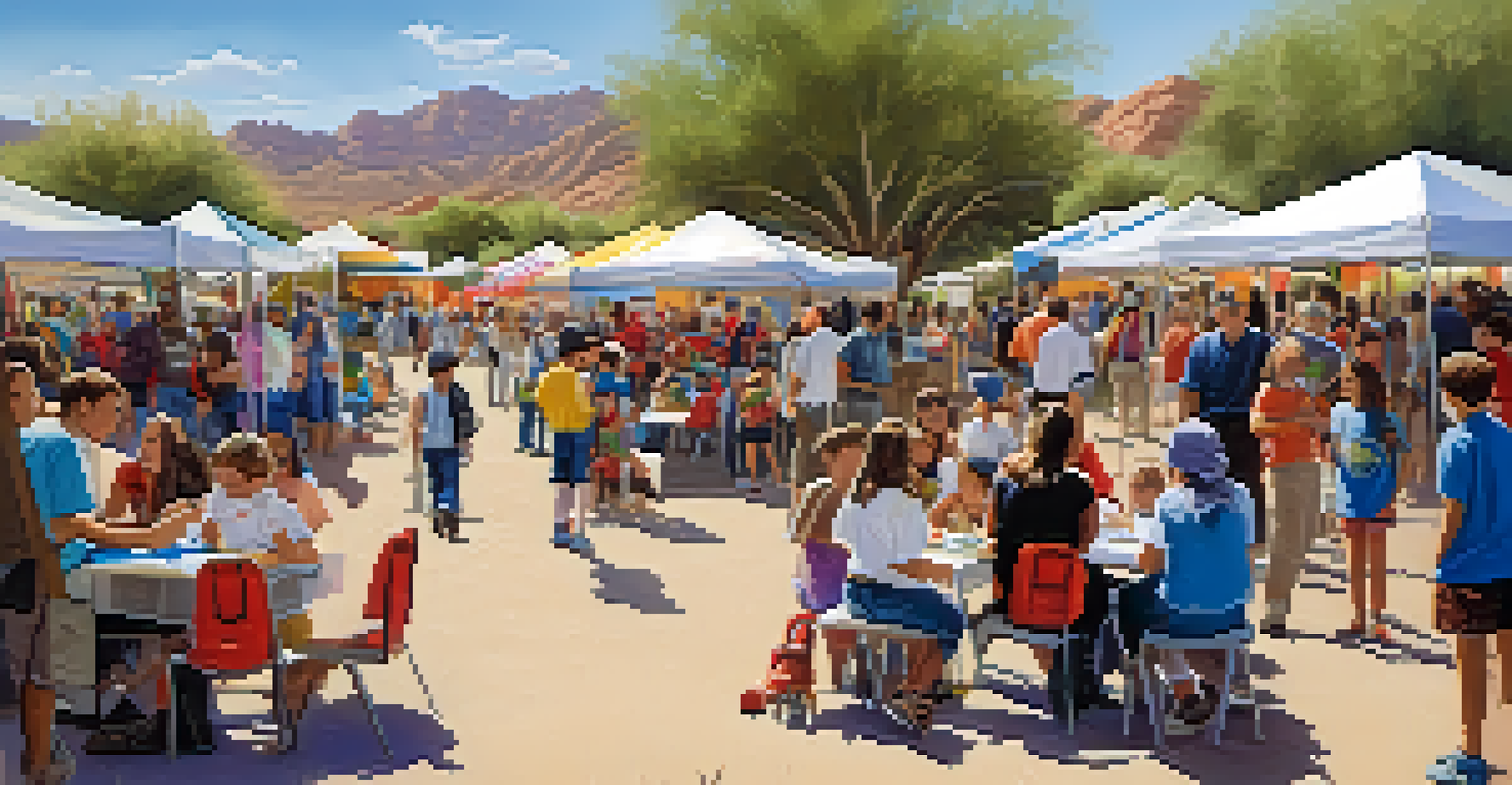 A community event in Tucson with families and organizations sharing educational resources, set in a park with a desert backdrop.