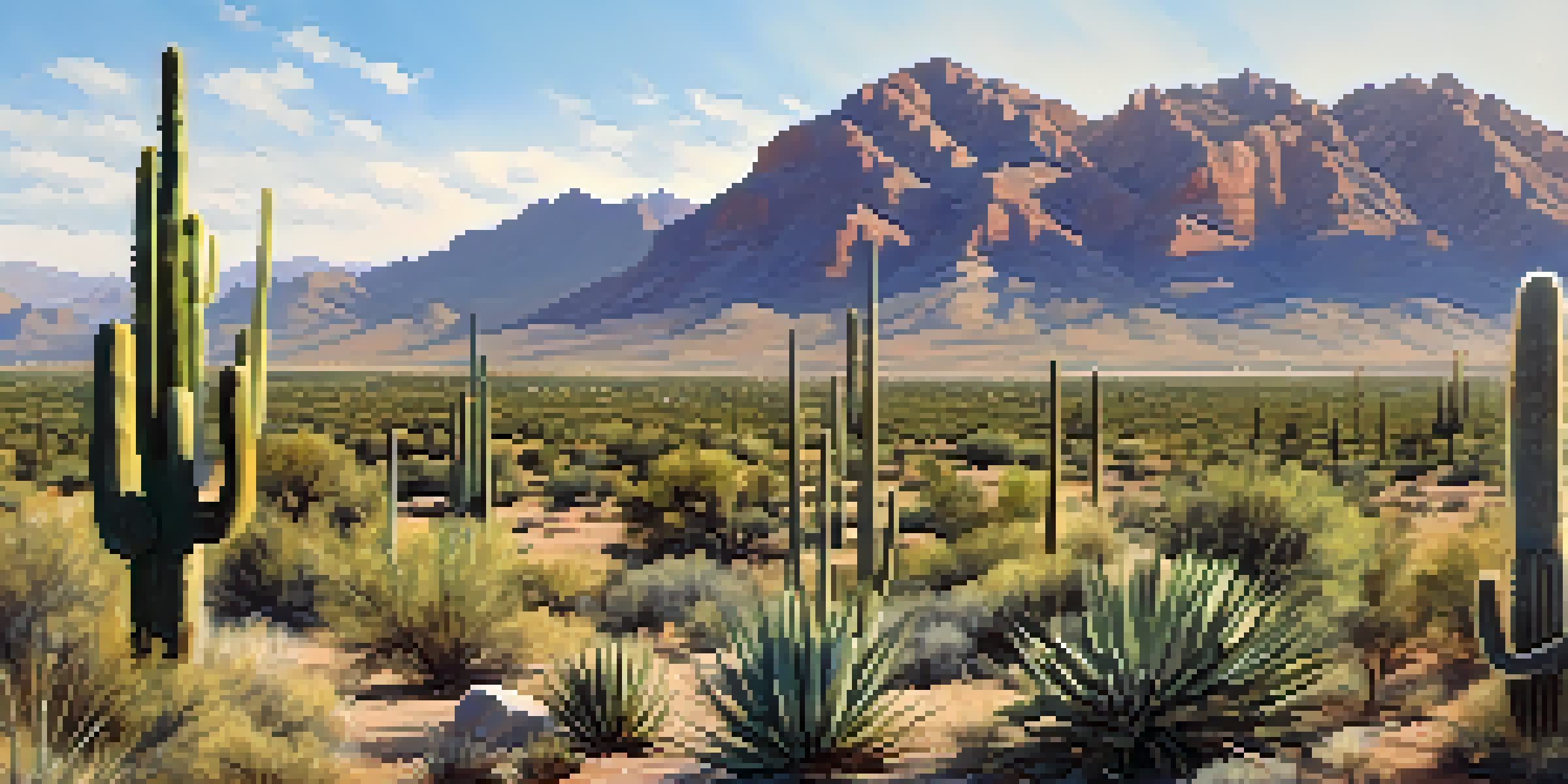 A wide view of Tucson's desert landscape featuring saguaro cacti and mountains under a blue sky.