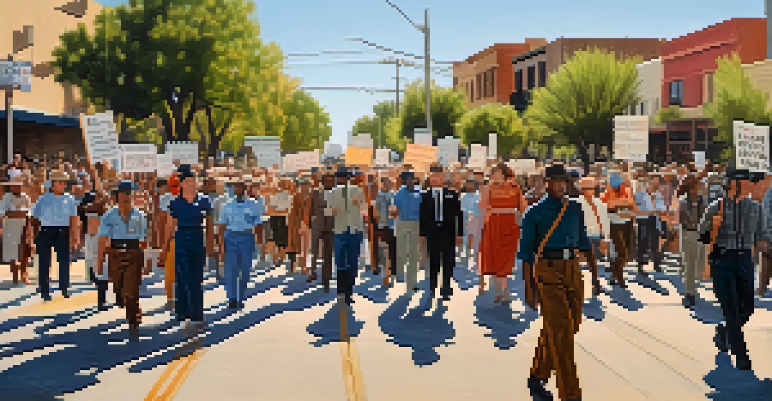 A 1960s protest in Tucson with diverse demonstrators marching and holding signs for civil rights.