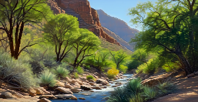 A peaceful morning in Sabino Canyon with birds perched among green trees and sunlight filtering through the leaves.