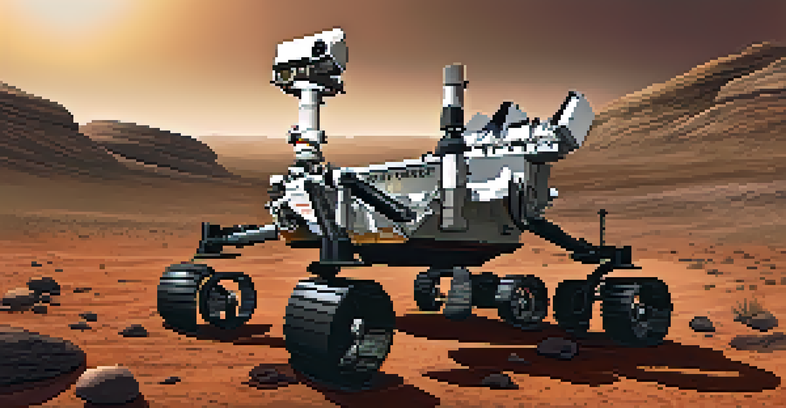 A depiction of the Curiosity rover on Mars, exploring a rocky landscape under a starry sky.