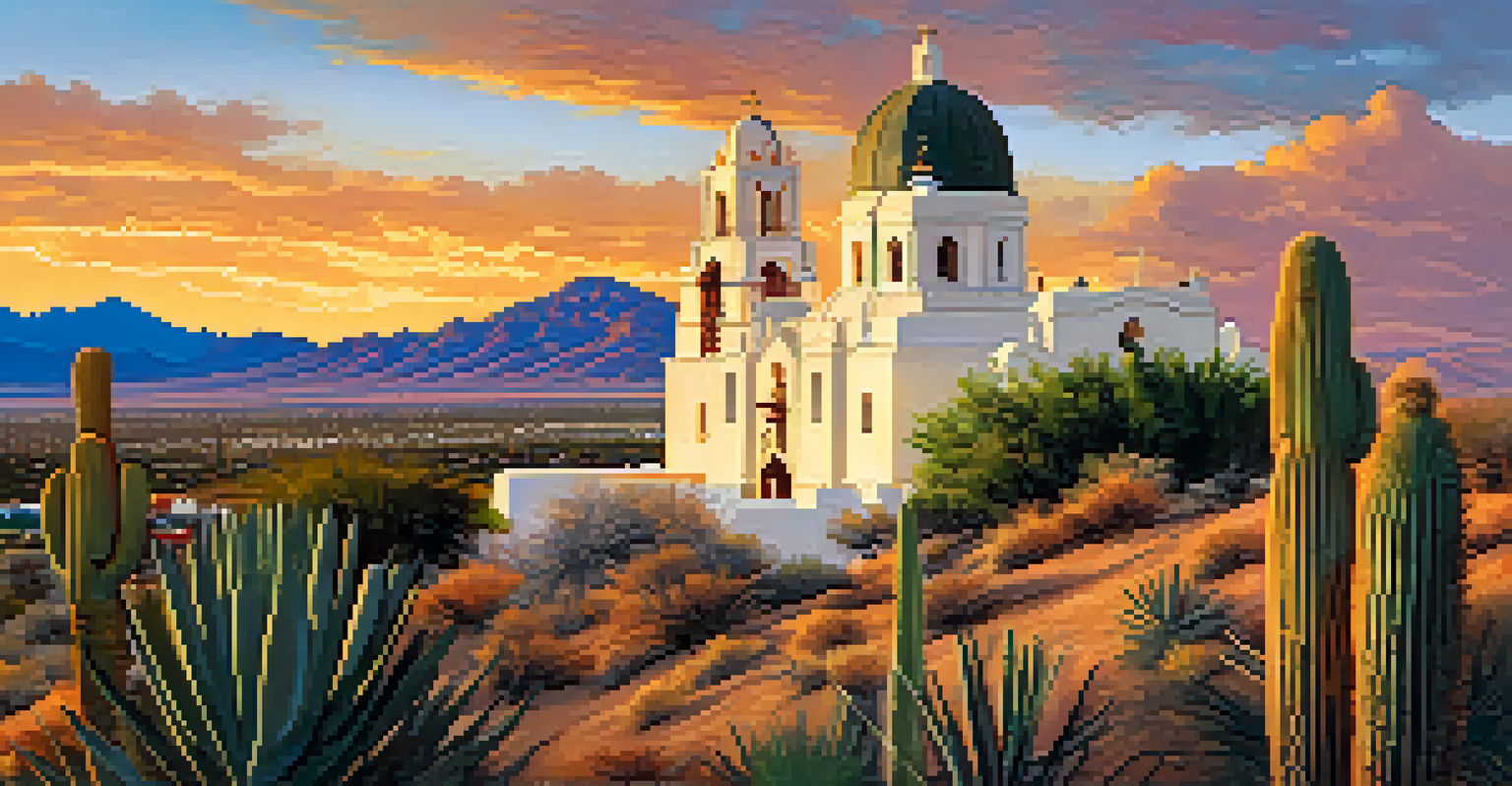 A panoramic view of Mission San Xavier del Bac in Tucson during sunset, highlighting its architecture with vibrant desert flora in the foreground.
