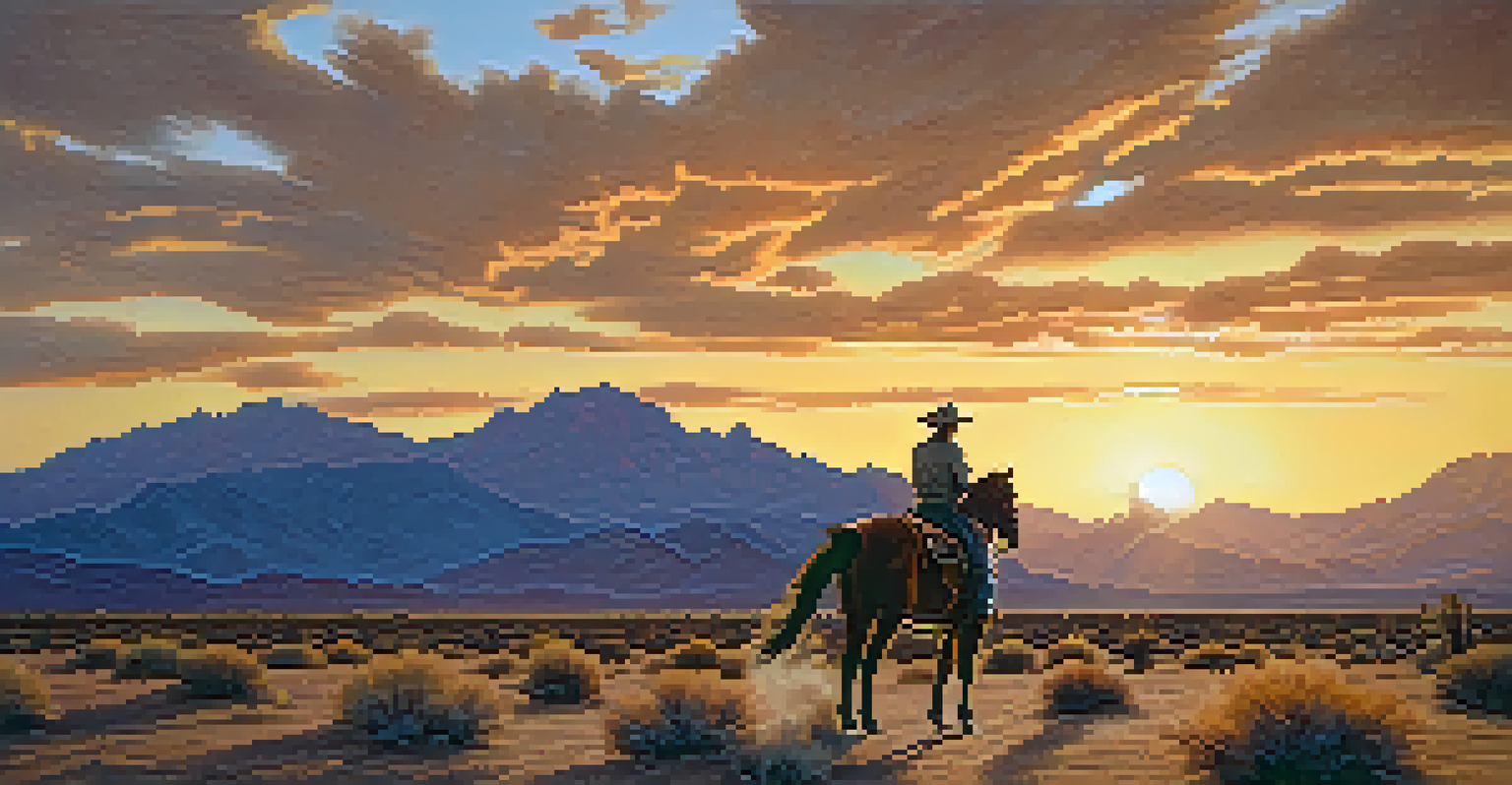A cowboy on horseback in the Tucson desert during sunset with mountains in the background.