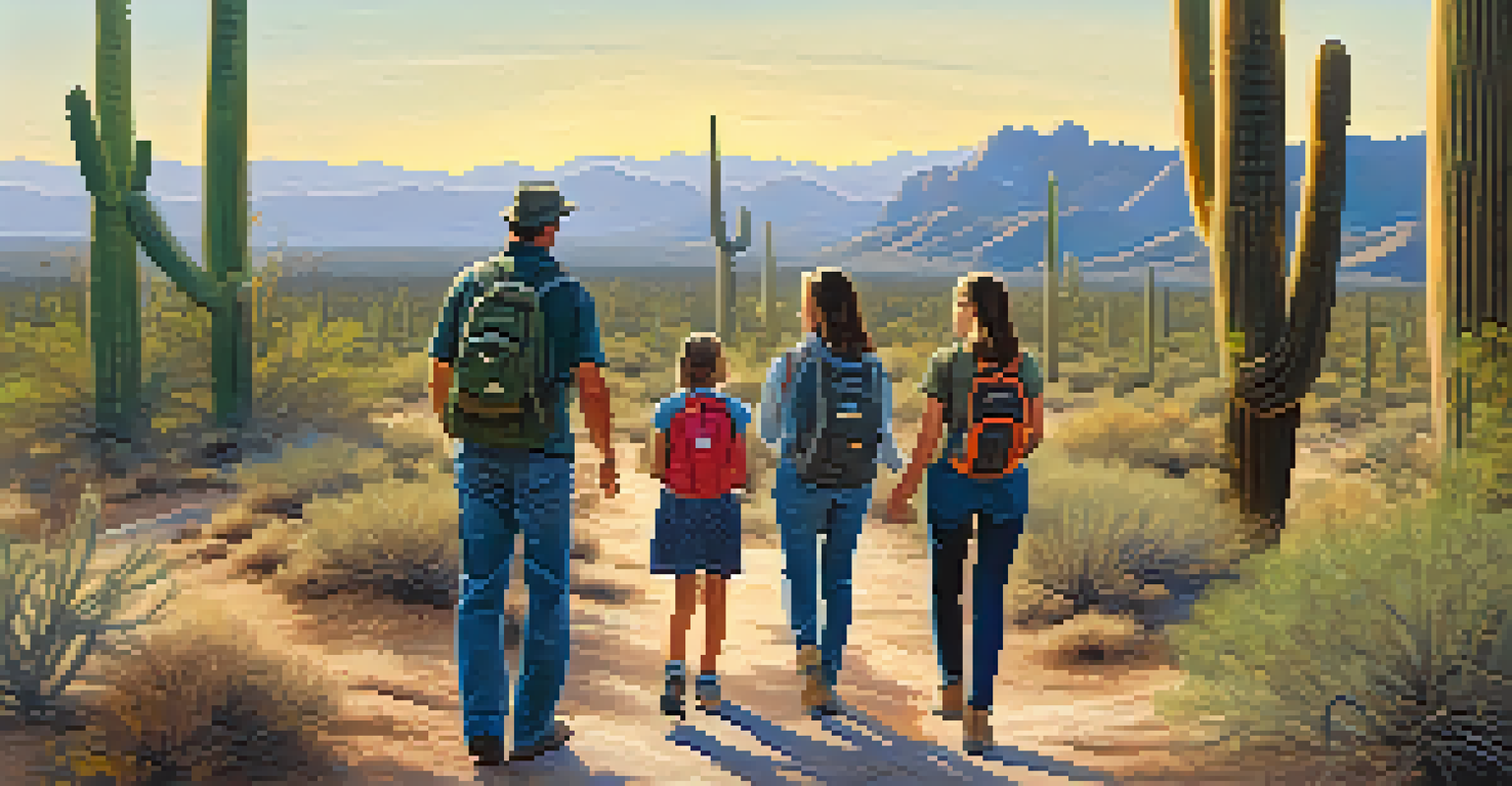 A family hiking in Saguaro National Park, learning about the desert ecosystem from a park ranger.