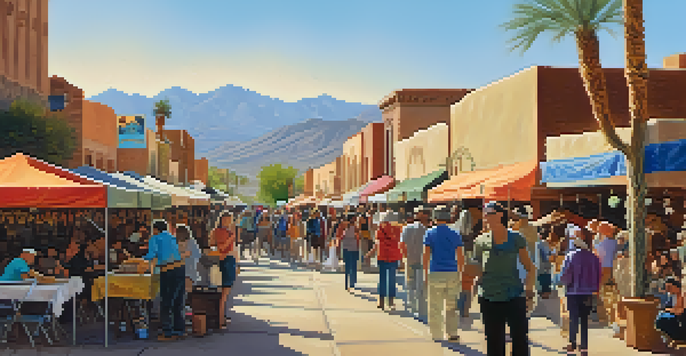 A lively street scene in Tucson during a cultural festival with colorful stalls and people enjoying traditional foods under the warm sun.