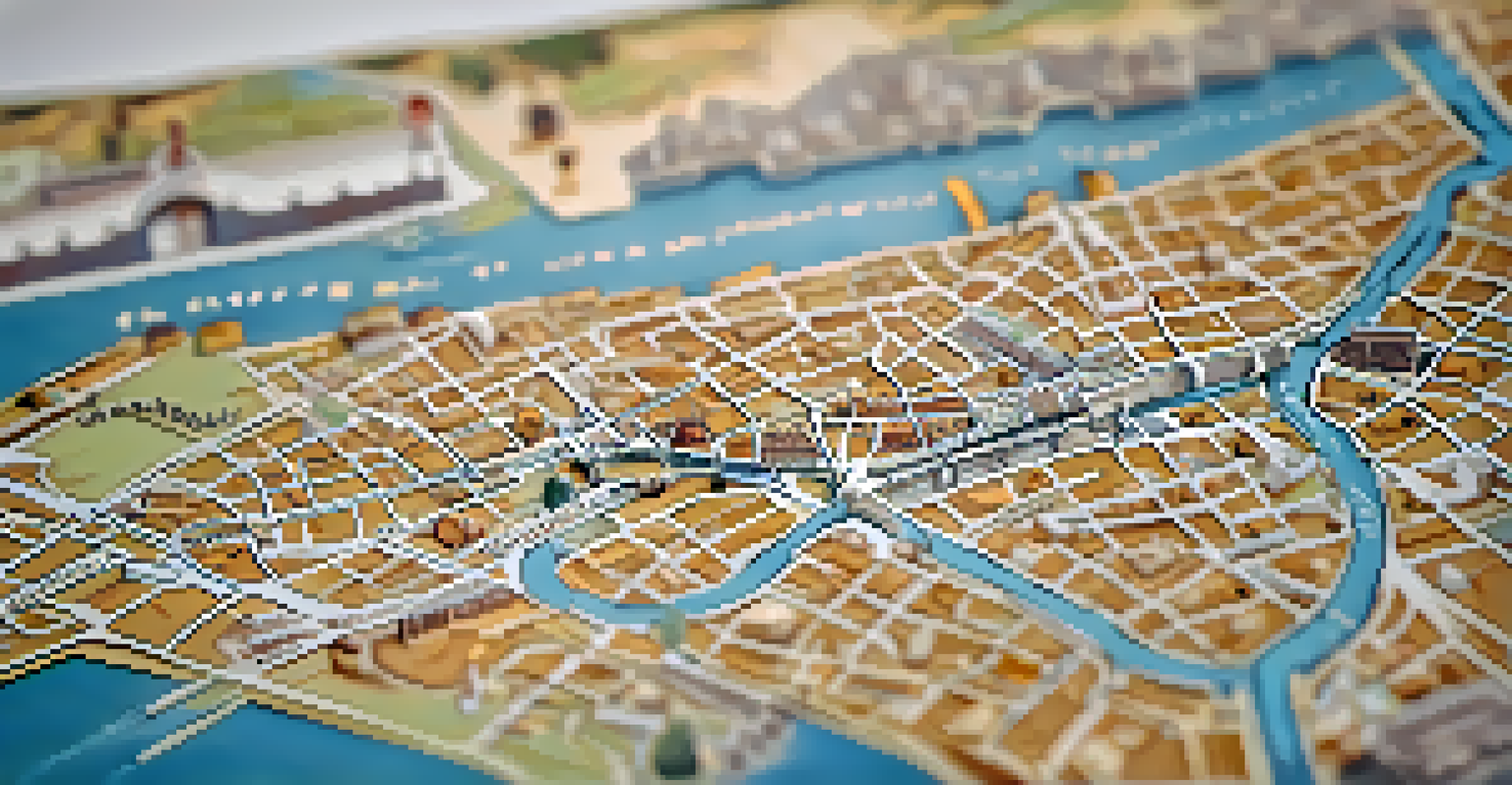 A close-up view of a restored vintage Tucson map displayed in a museum setting, with warm lighting emphasizing its intricate details.