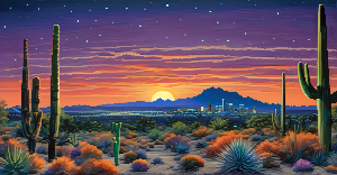 A panoramic view of Tucson's desert landscape at twilight with stars, cacti in the foreground, and the University of Arizona's buildings in the background.
