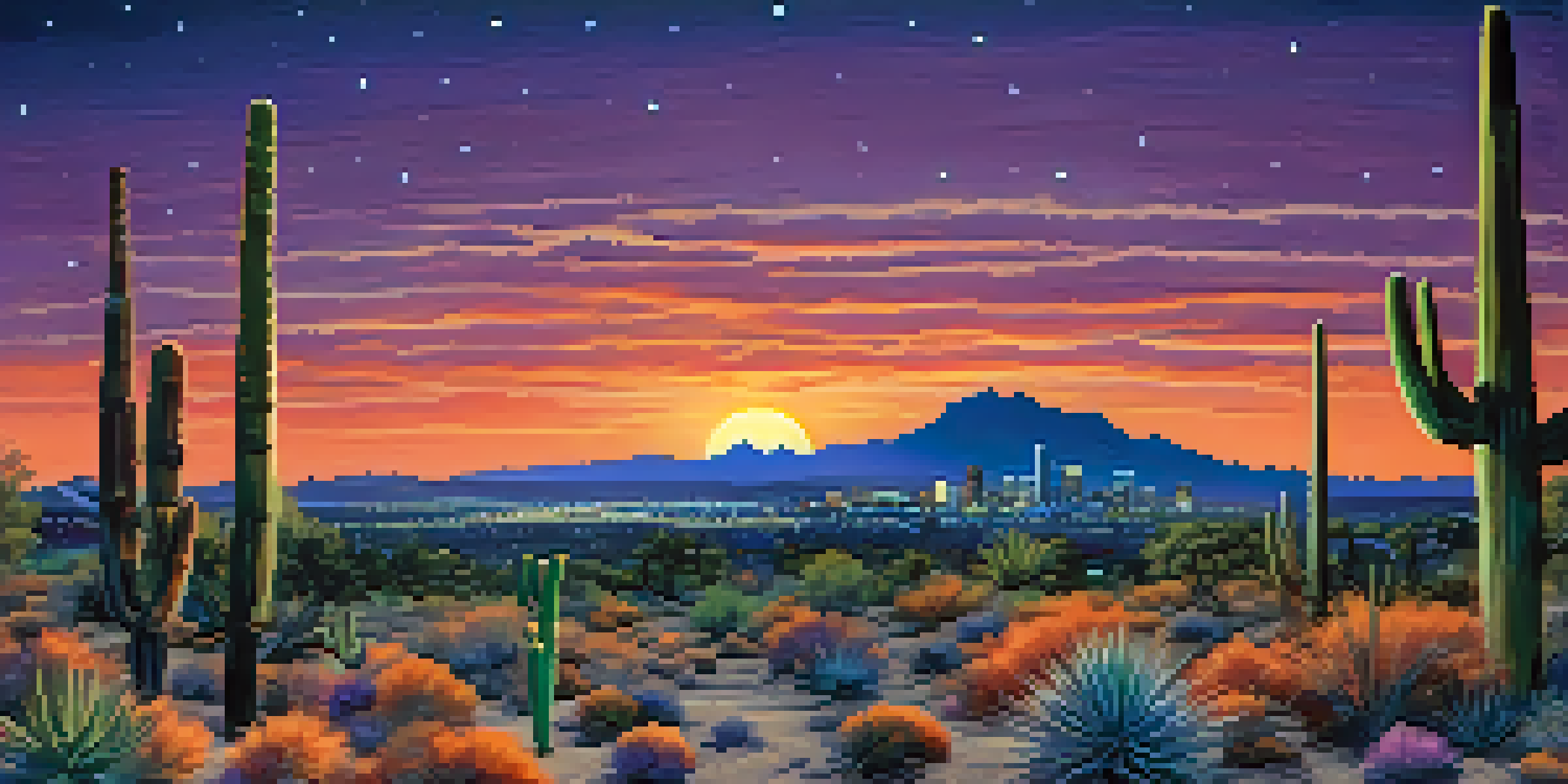 A panoramic view of Tucson's desert landscape at twilight with stars, cacti in the foreground, and the University of Arizona's buildings in the background.