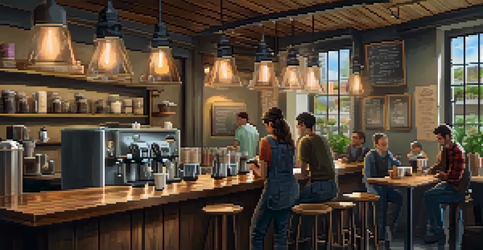 A warm and inviting coffee shop interior with a barista preparing a latte and customers enjoying their drinks.