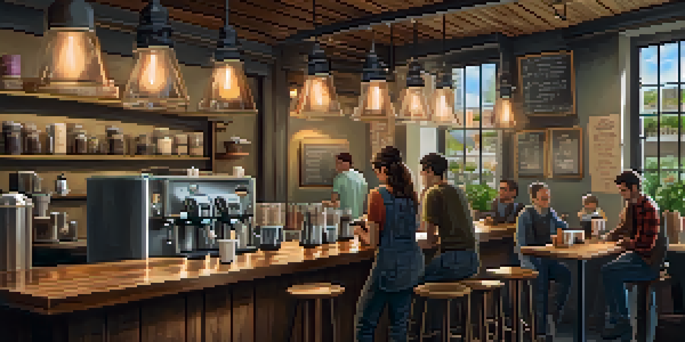 A warm and inviting coffee shop interior with a barista preparing a latte and customers enjoying their drinks.
