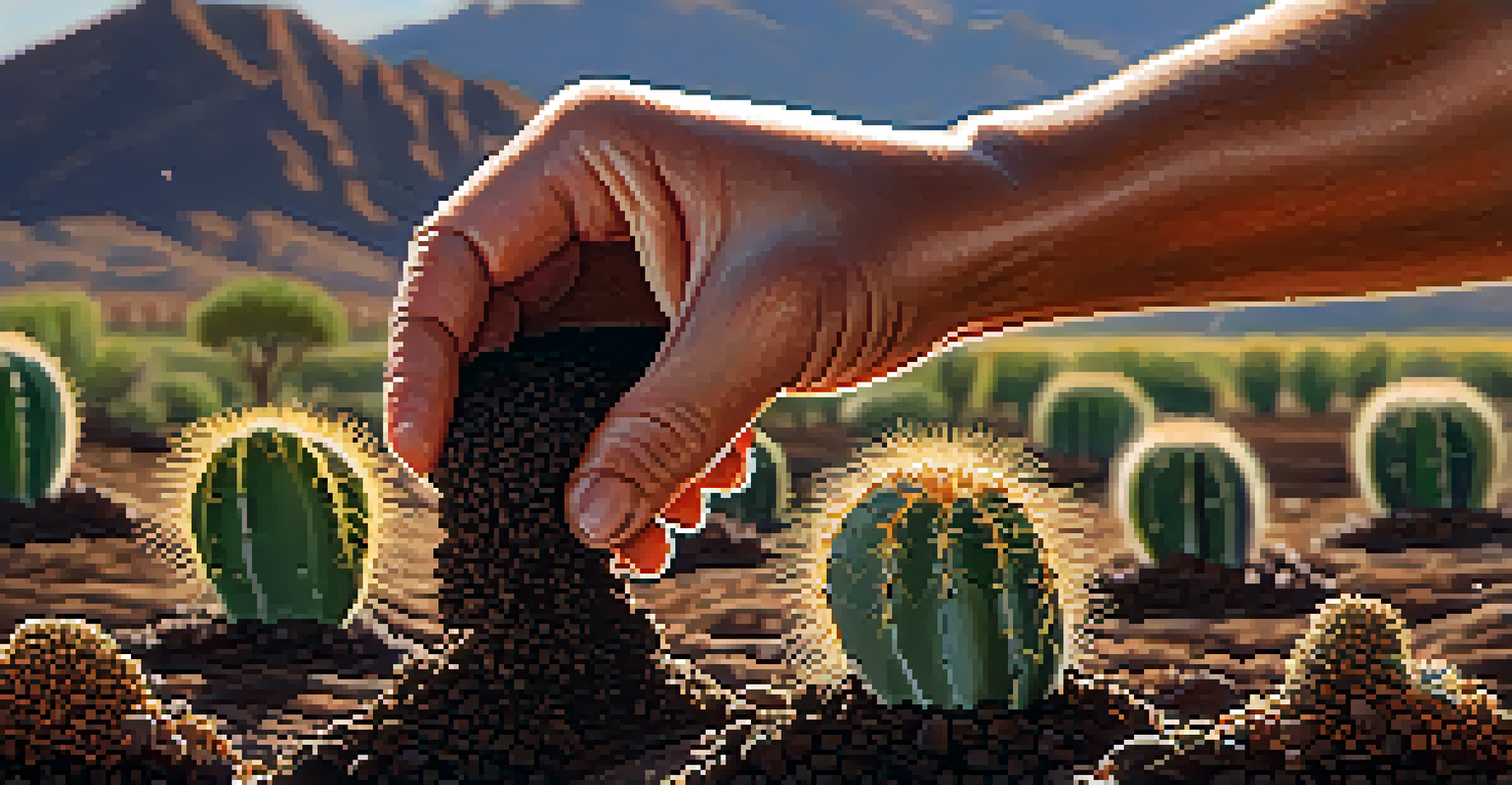 A close-up of a farmer's hands planting seeds in dark soil with water droplets, set against a sunny Tucson landscape.