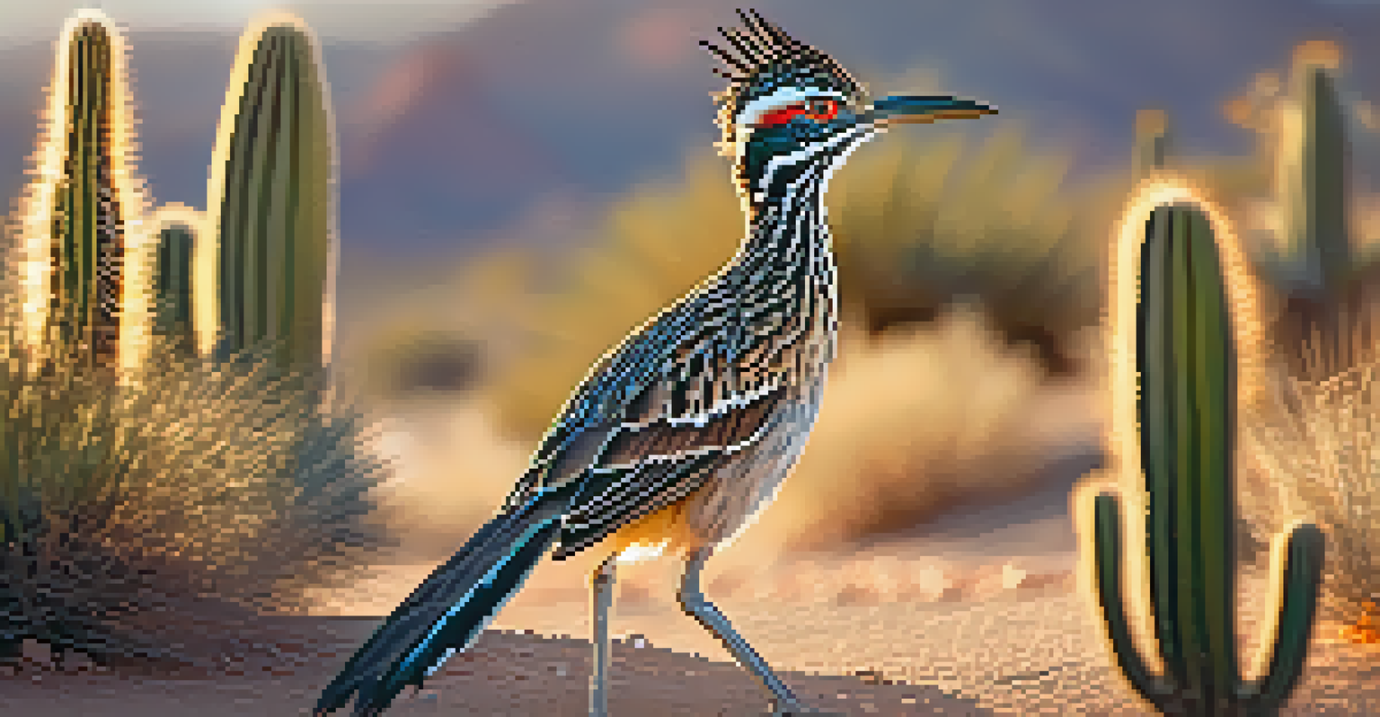 A close-up of a roadrunner bird surrounded by desert plants in warm sunlight.