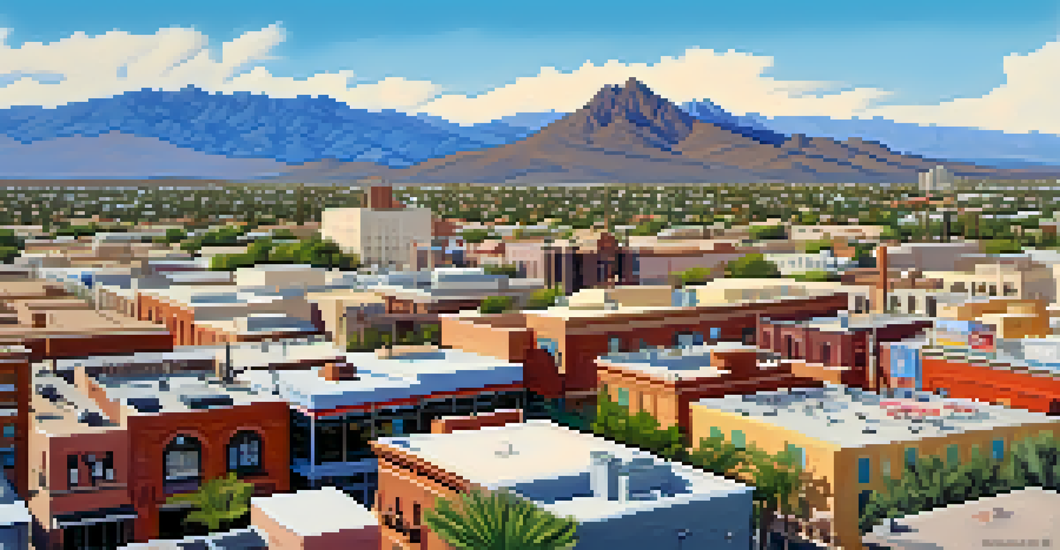 Aerial view of Tucson's historic downtown showcasing colorful buildings and bustling streets.