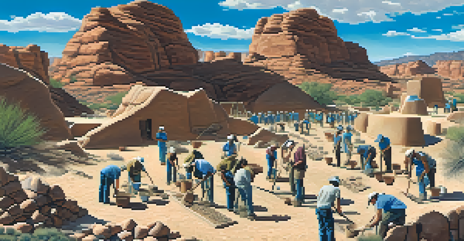 A group of volunteers digging at an archaeological site in Tucson, Arizona, with artifacts and desert scenery in the background.