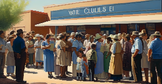 A historical scene showing families lined up outside a health clinic in Tucson for vaccination, with healthcare workers assisting them under a sunny sky.