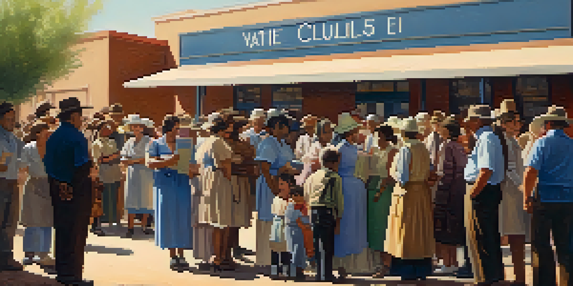 A historical scene showing families lined up outside a health clinic in Tucson for vaccination, with healthcare workers assisting them under a sunny sky.