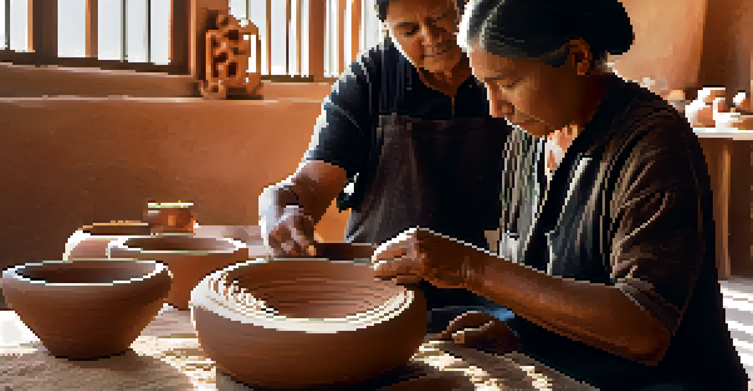 An artisan demonstrating traditional Indigenous pottery making in Tucson, with intricate designs and natural light highlighting the textures.