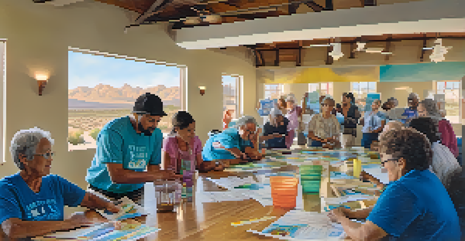 Residents participating in a water conservation workshop in Tucson, surrounded by educational materials.