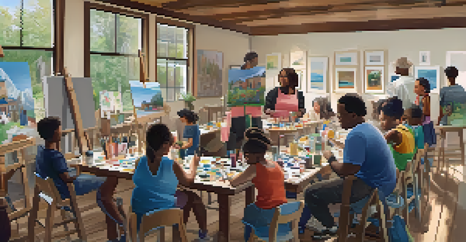 A community art workshop with people of various ages painting and crafting in a cozy space filled with art supplies and displayed artworks.