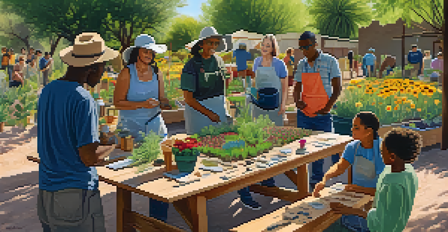 People participating in a gardening workshop in a sunny community garden, surrounded by plants and tools.