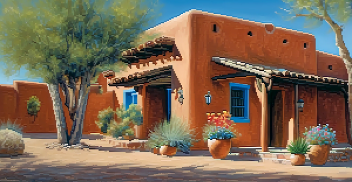 An adobe inn in Tucson with traditional architecture, featuring warm colors and desert plants under a clear blue sky.