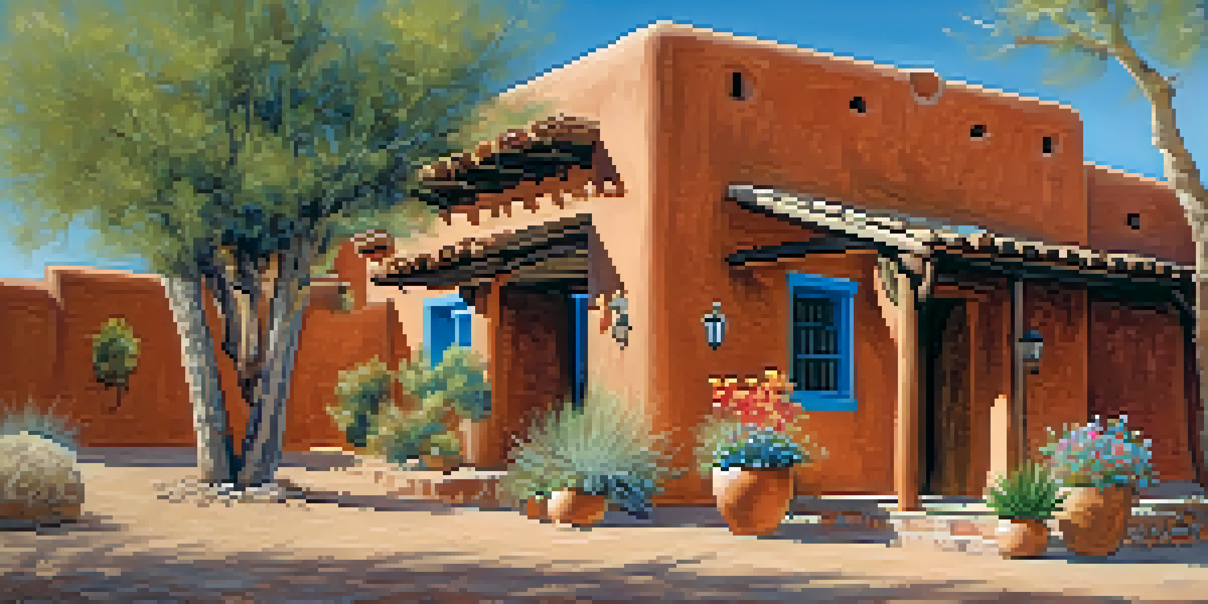 An adobe inn in Tucson with traditional architecture, featuring warm colors and desert plants under a clear blue sky.