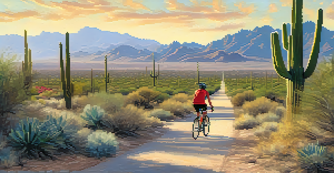 A cyclist riding along a paved path in Tucson, surrounded by saguaro cacti and mountains under a warm sunlight.