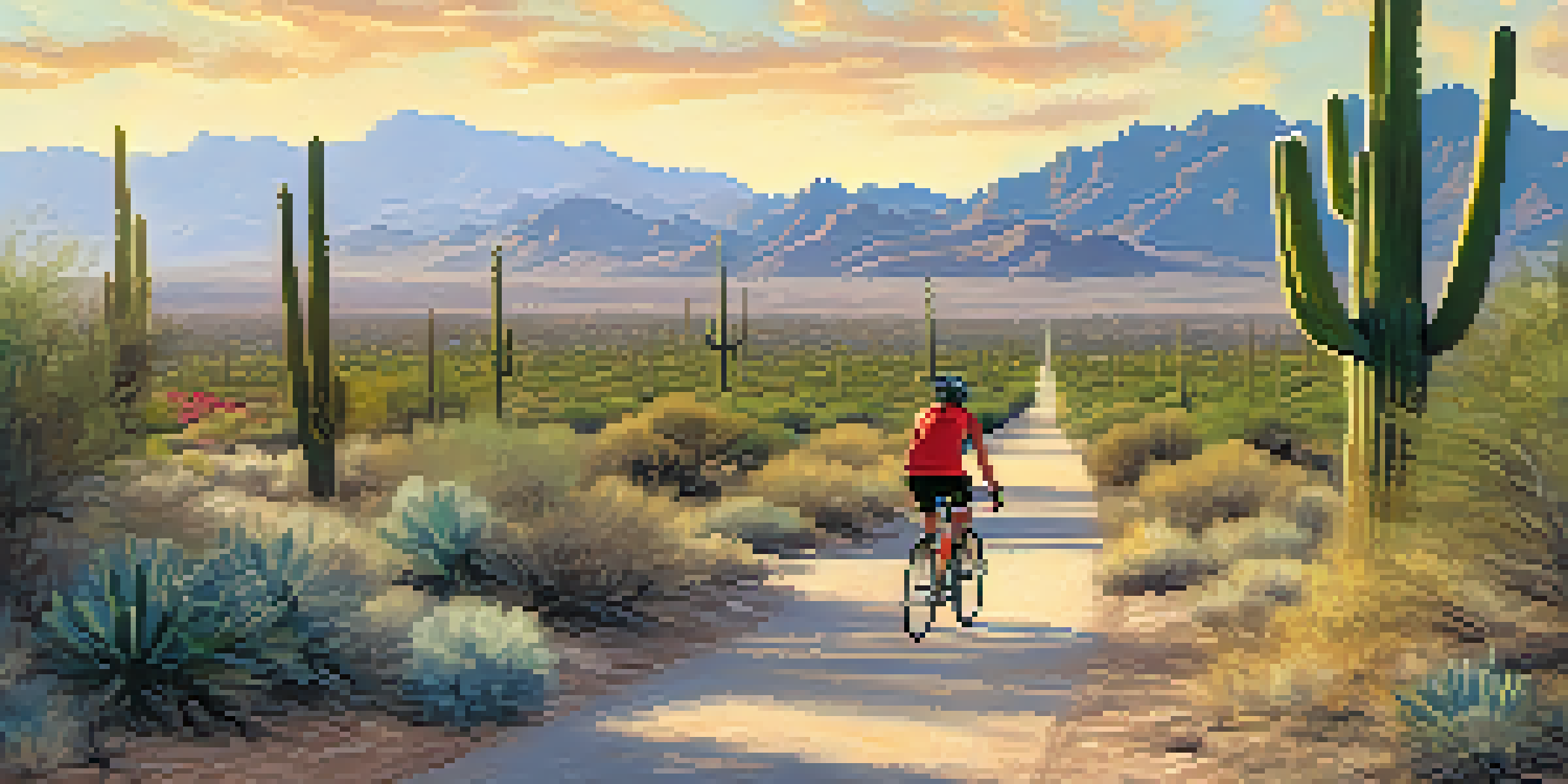 A cyclist riding along a paved path in Tucson, surrounded by saguaro cacti and mountains under a warm sunlight.