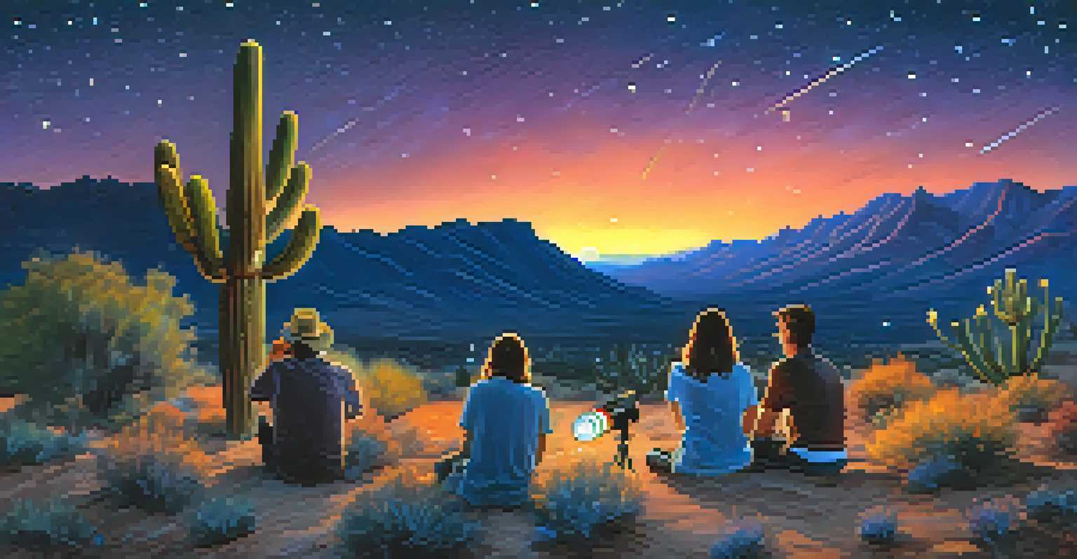 A lively spring night in Tucson with the Milky Way and friends stargazing with a telescope.