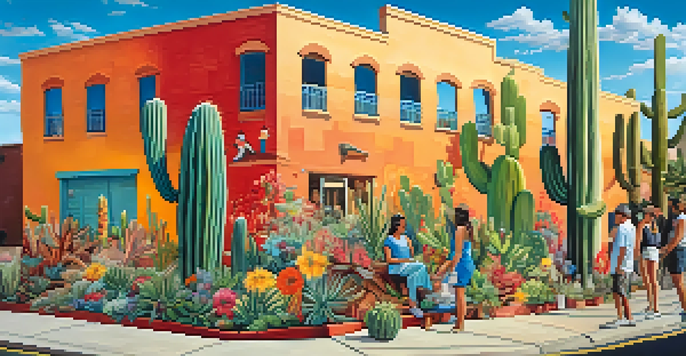 A colorful mural showing diverse people in Tucson participating in art activities, with flowers and cacti in the background.