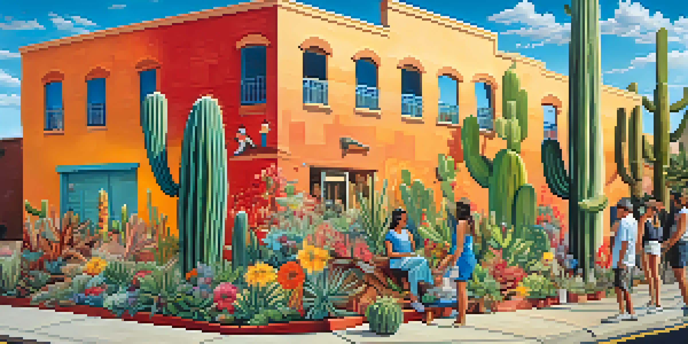 A colorful mural showing diverse people in Tucson participating in art activities, with flowers and cacti in the background.