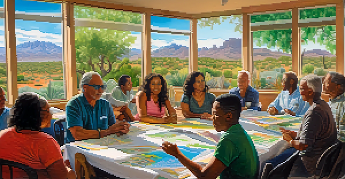 A diverse group of residents in Tucson discussing environmental justice, surrounded by colorful posters and charts, with sunlight streaming in.