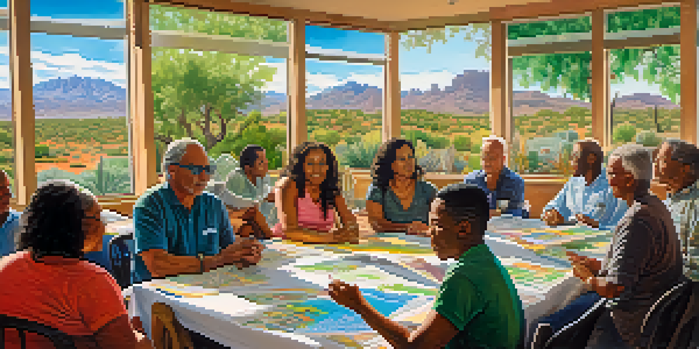 A diverse group of residents in Tucson discussing environmental justice, surrounded by colorful posters and charts, with sunlight streaming in.