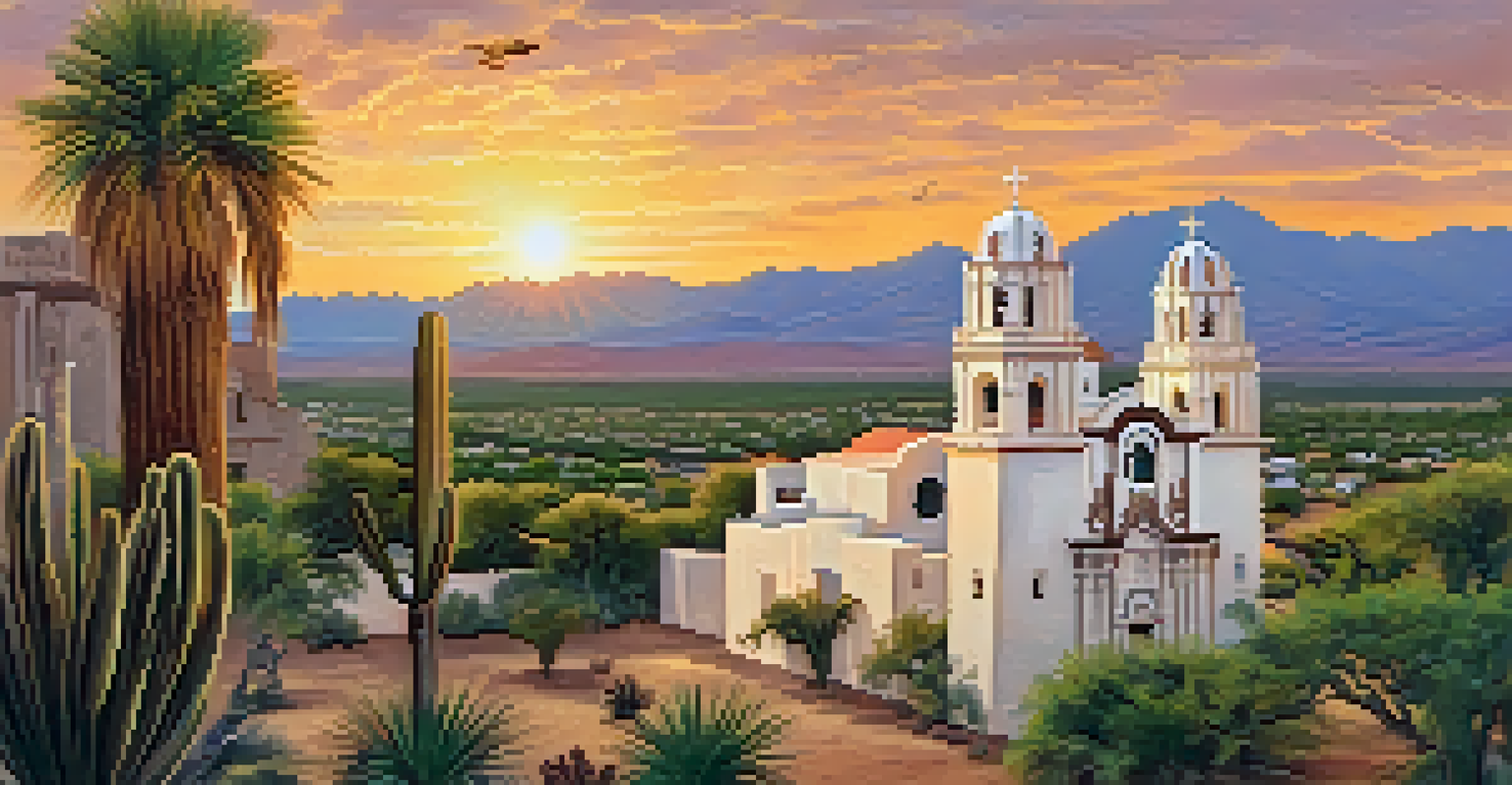 A peaceful view of the Mission San Xavier del Bac at sunset, surrounded by green plants and desert wildlife.