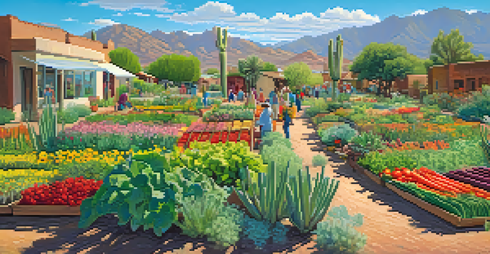 A lively community garden in Tucson with people gardening, surrounded by colorful plants and desert scenery.