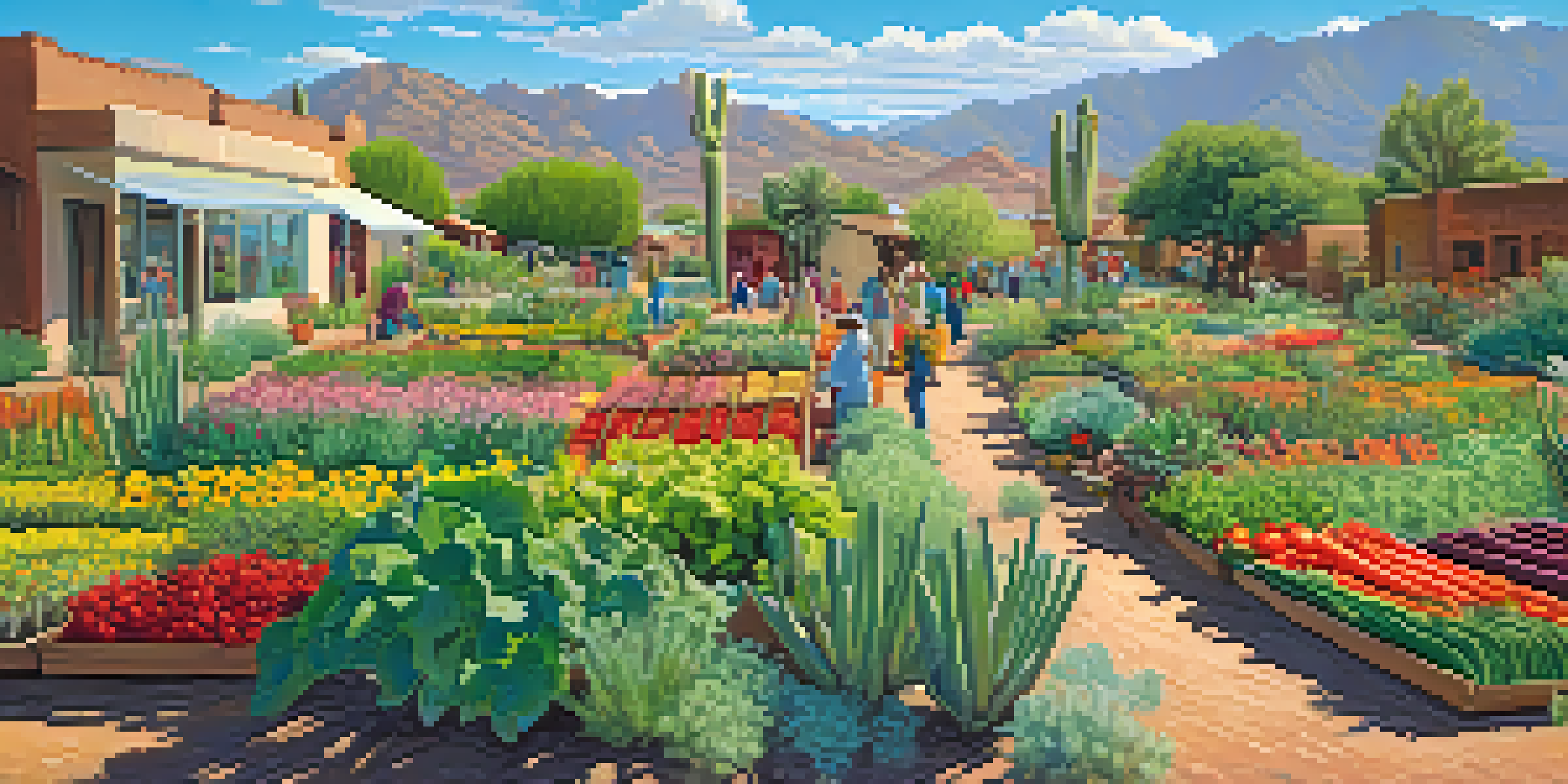 A lively community garden in Tucson with people gardening, surrounded by colorful plants and desert scenery.