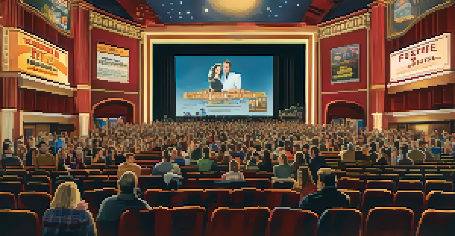 A film festival scene in a theater with an audience and a film being screened.