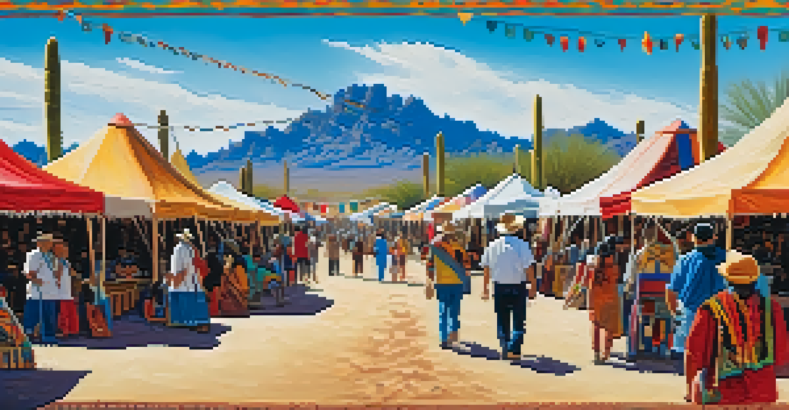A bustling outdoor festival in Tucson with colorful booths showcasing Native American art, artisans interacting with visitors under a bright blue sky.