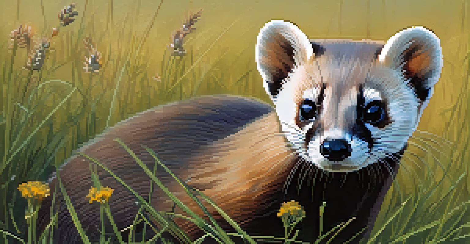 A close-up of a black-footed ferret in a grassy environment.
