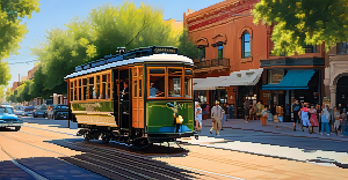 A historic scene in Tucson featuring horse-drawn streetcars, adobe architecture, and residents in warm afternoon light.