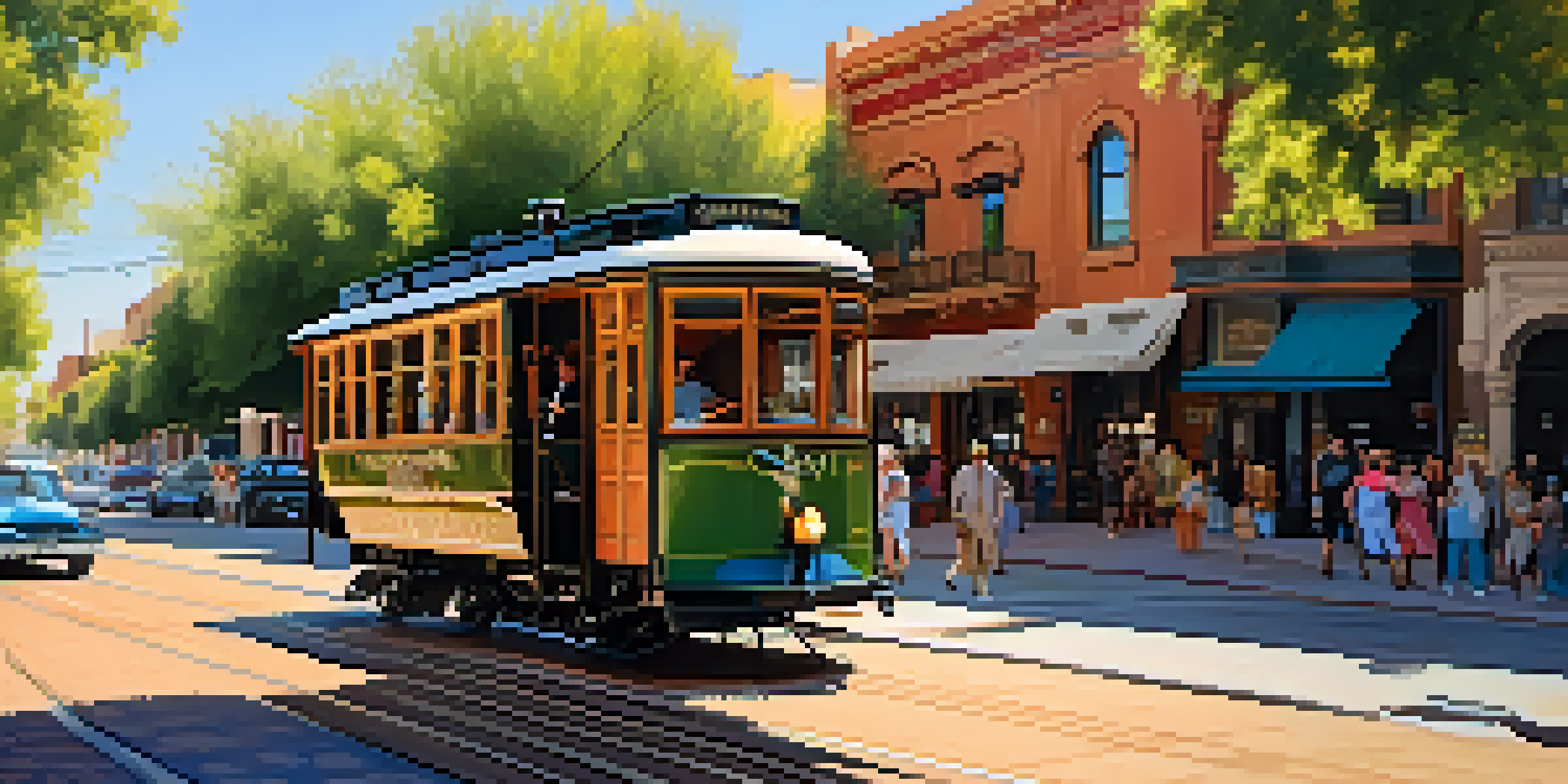 A historic scene in Tucson featuring horse-drawn streetcars, adobe architecture, and residents in warm afternoon light.