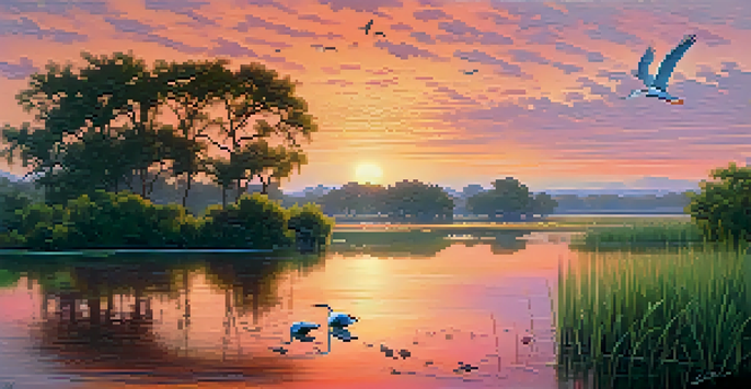 A peaceful scene of the Sweetwater Wetlands at sunrise, with various birds and lush vegetation reflecting in the calm water.