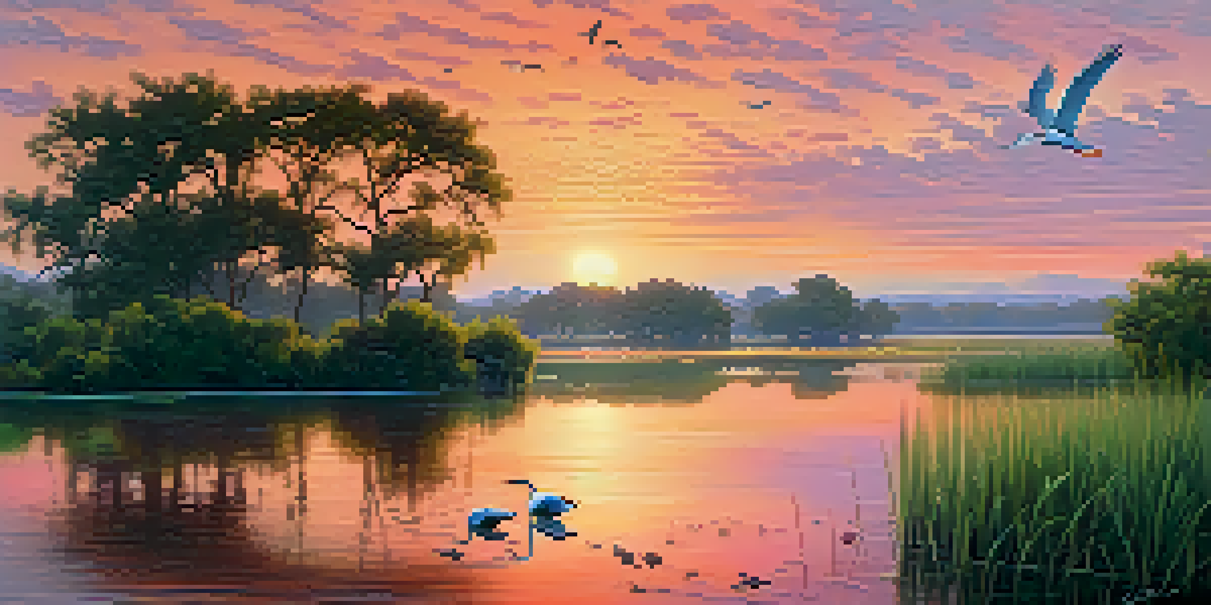 A peaceful scene of the Sweetwater Wetlands at sunrise, with various birds and lush vegetation reflecting in the calm water.