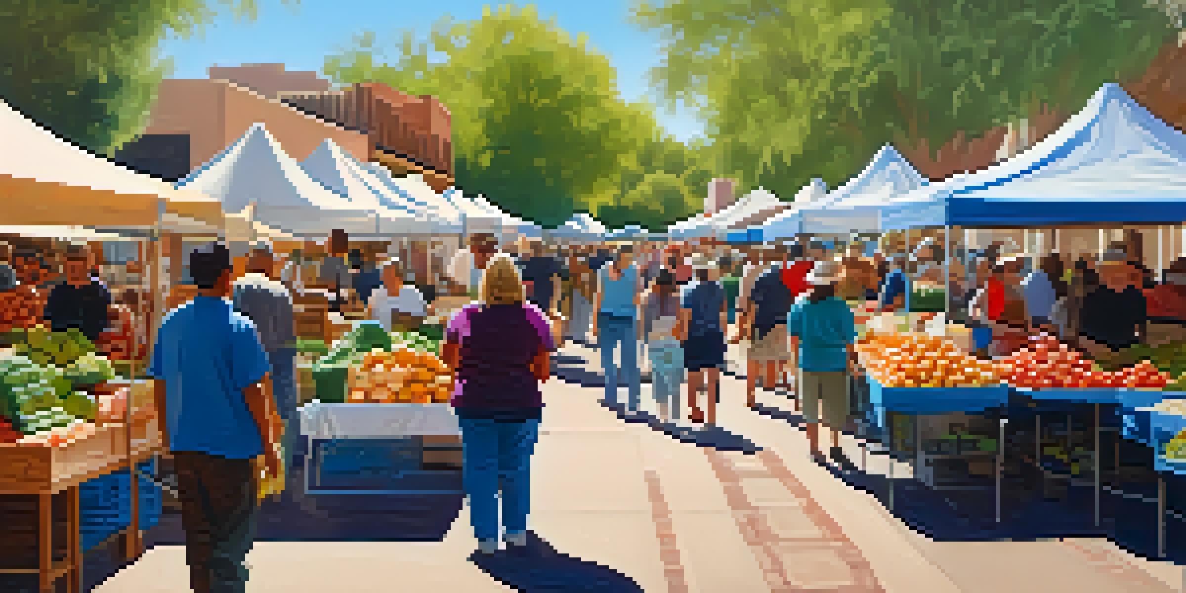 A lively farmers' market in Tucson with colorful stalls, fresh produce, and diverse shoppers interacting with vendors under warm sunlight.
