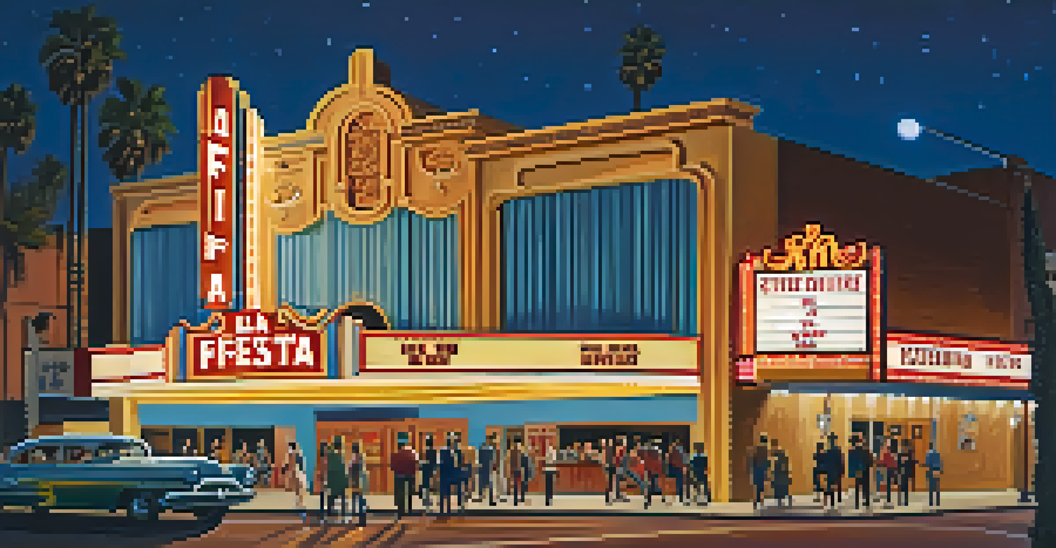 The La Fiesta Theatre with its mid-century facade and retro signage, featuring moviegoers approaching the entrance.