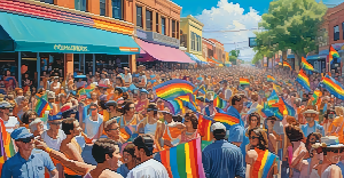 A colorful Tucson Pride parade from the late 1970s with participants in bright costumes and rainbow flags amidst historic buildings.